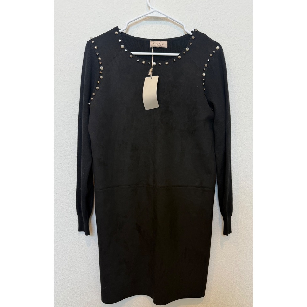 Sofia Made in Italy Black Faux Suede Studded Knit Mini Dress‎ M18329